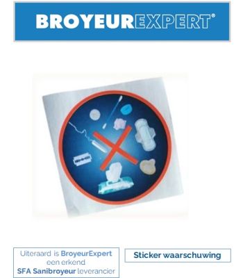 Sanibroyeur waarschuwing sticker

Sanibroyeur waarschuwing sticker,  afbeeldingen met wat je niet in een Sanibroyeur mag werpen.
Deze sticker kunt u op een goed zichtbare plek plakken, bijvoorbeeld op de binnenkant van de wc-deksel.